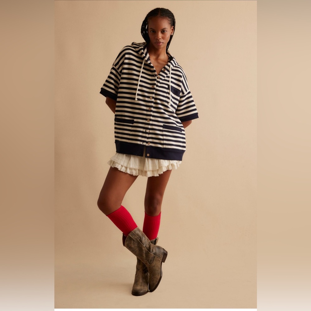 Free People Navy Blue and White Striped Hooded Remi Cardi